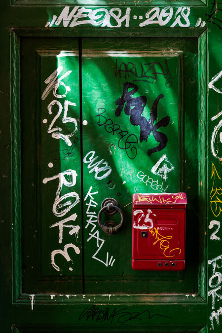 Green frond door, red letter box, Trastevere, Rome